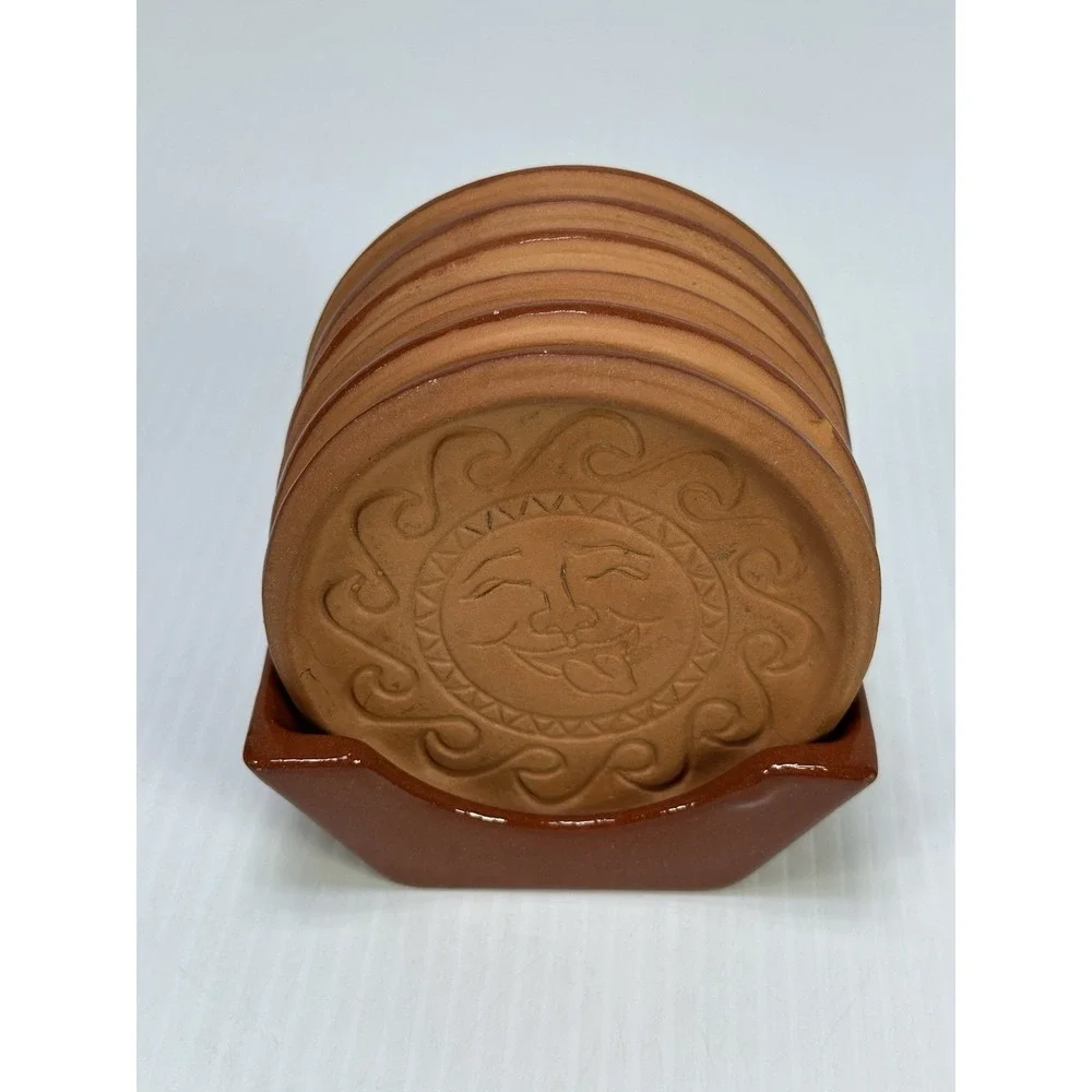 Vintage Wieland Ware Terracotta Sun Face Terra Cotta Celestial 6 Coasters Holder